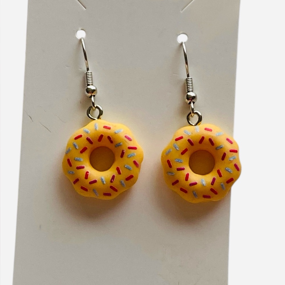 Hand Crafted Yellow Sprinkles Donut Dangle Earrings with Blue Beads